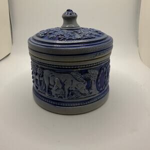 RARE Vintage German Westerwald Salt Glazed Pottery Tobacco Jar Trinket Box Repro